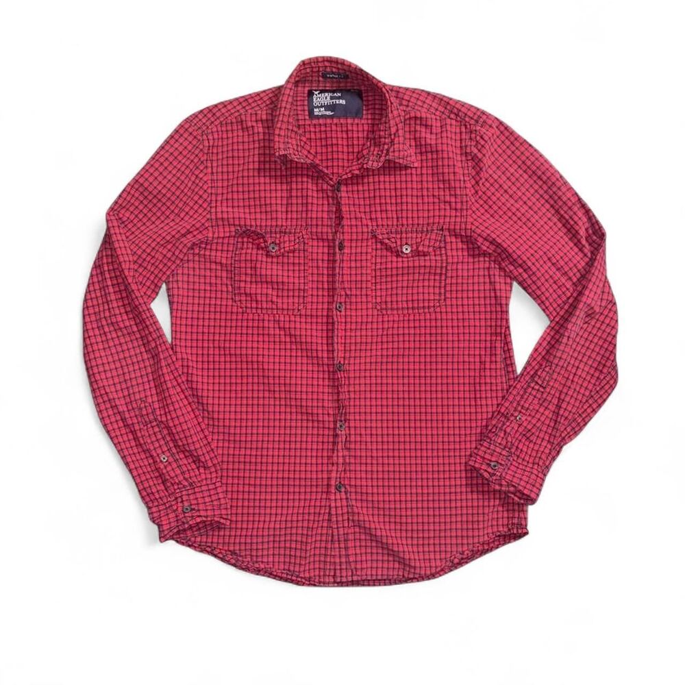 American Eagle Vintage Fit Red black checkered flannel fall mens shirt medium
